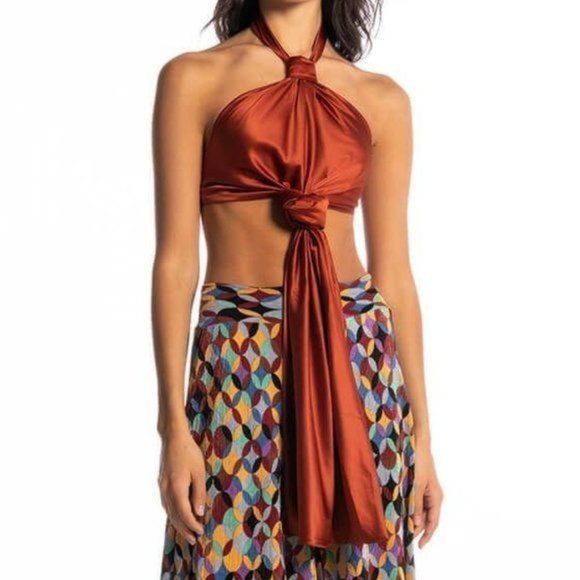 Calle CopperTone: Shoulders Out Tied & Knotted Satin Apron Halter Top SM LXL - Picture 8 of 9